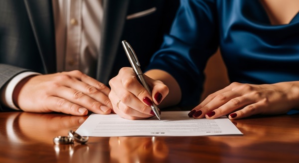 A close-up of a woman's hands with red manicured nails signing a document with a silver pen, while a man's hands rest beside hers and two wedding rings sit on the table.