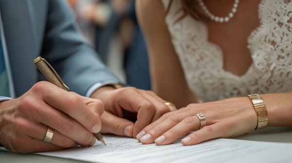 Close-up of a man's hand in a grey suit sleeve signing a legal document with a gold pen, while a woman in a white lace wedding dress rests her hand nearby.