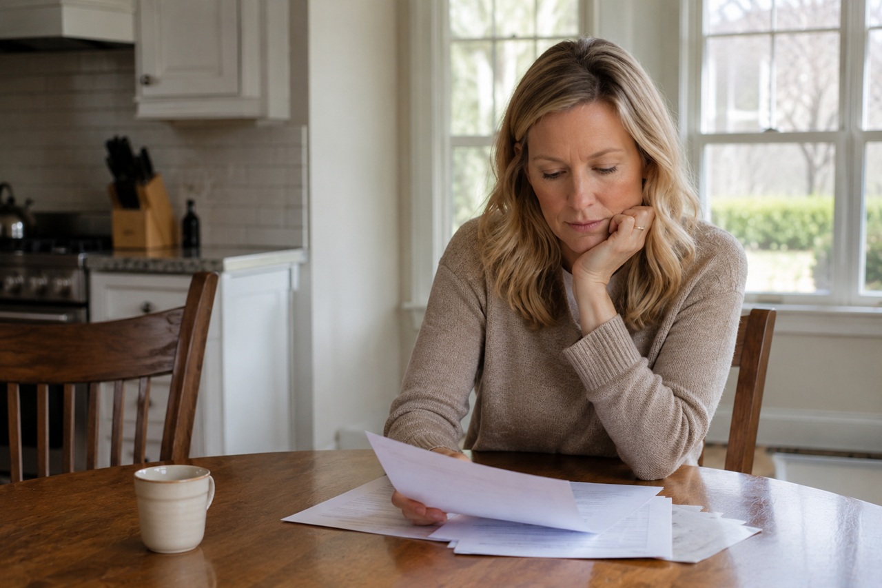 A woman sits at a wooden kitchen table resting her chin on her hand while reviewing legal paperwork, illustrating the process of filing for an Illinois no-fault divorce in Belleville.