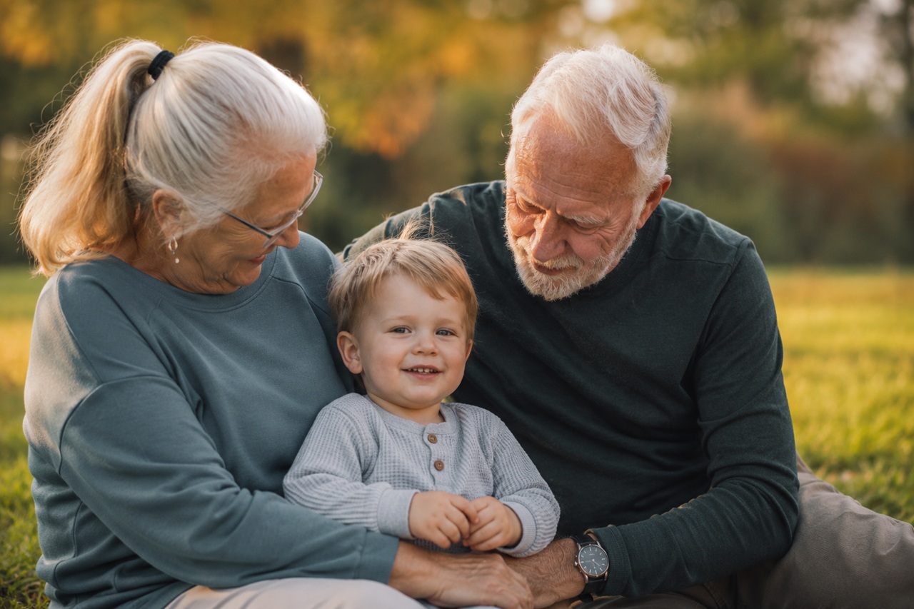 An elderly grandmother and grandfather sit closely together on the grass in a sunny park in Illinois, looking down lovingly at their young grandson who sits between them smiling.
