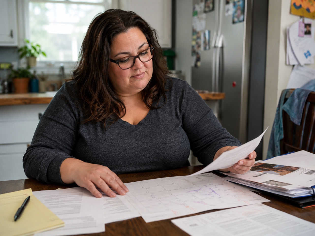A focused woman with glasses and dark wavy hair sits at a kitchen table, reviewing legal documents and a monthly calendar layout spread out alongside a notepad, representing a parent evaluating scheduling adjustments, co-parenting agreements, and child custody or support order modifications under Illinois family law.