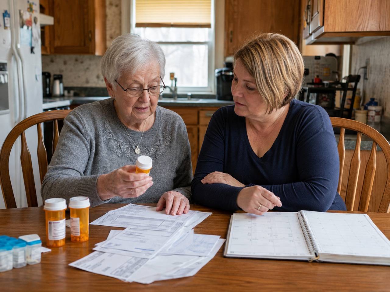 An adult daughter helping her elderly mother review medications and paperwork at a kitchen table in Illinois, illustrating a situation where adult guardianship may become necessary.