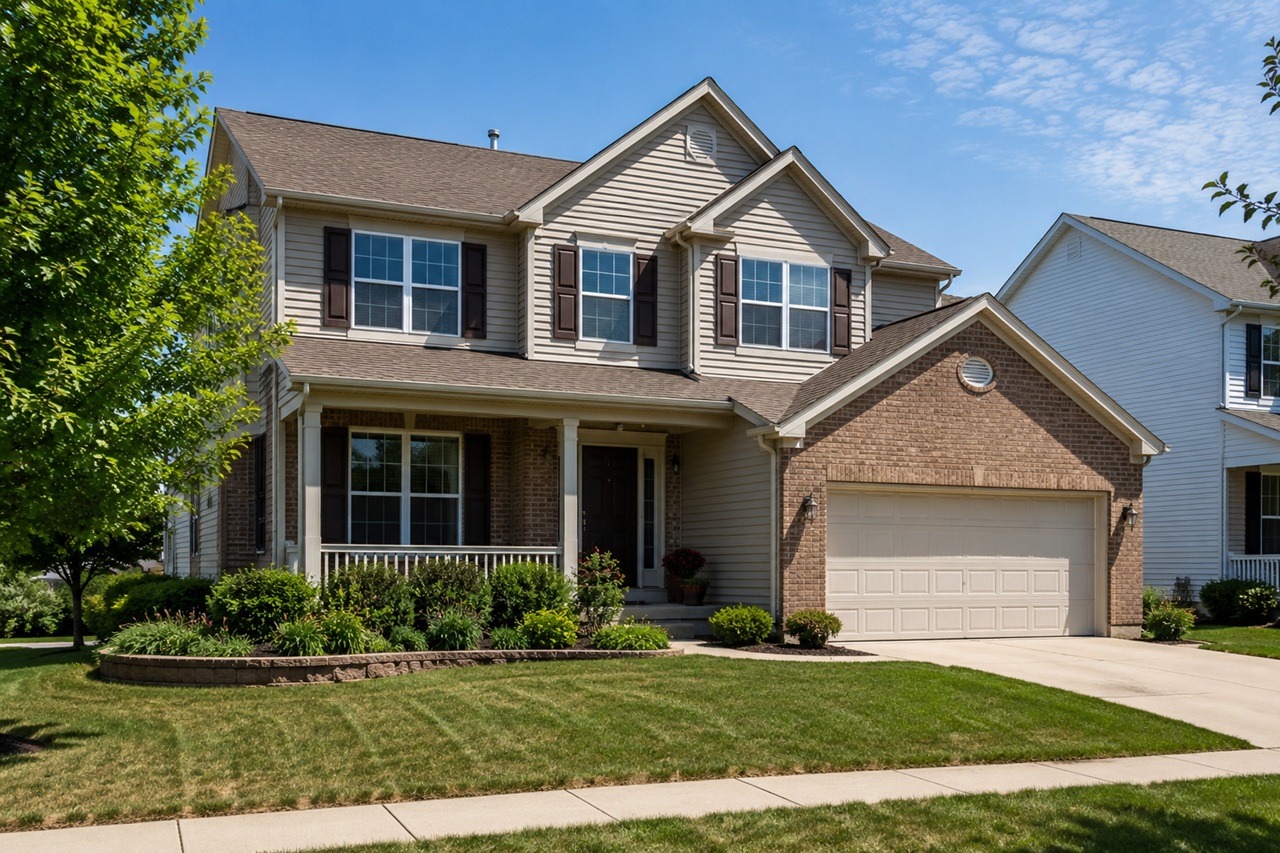 A two story suburban Illinois family home with a landscaped front yard, illustrating the marital residence at issue in an Illinois divorce property division.